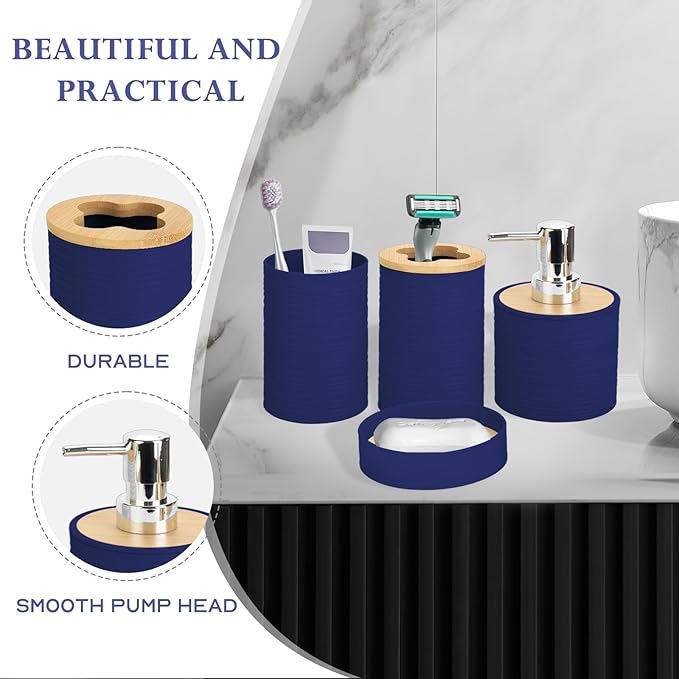 4 Pieces Bamboo Bathroom Accessories Set, Bathroom Accessory Set with Soap Dispenser and Toothbrush Holder, Soap Dish and Toothbrush Cup, Boho Bathroom Décor(Navy Blue)