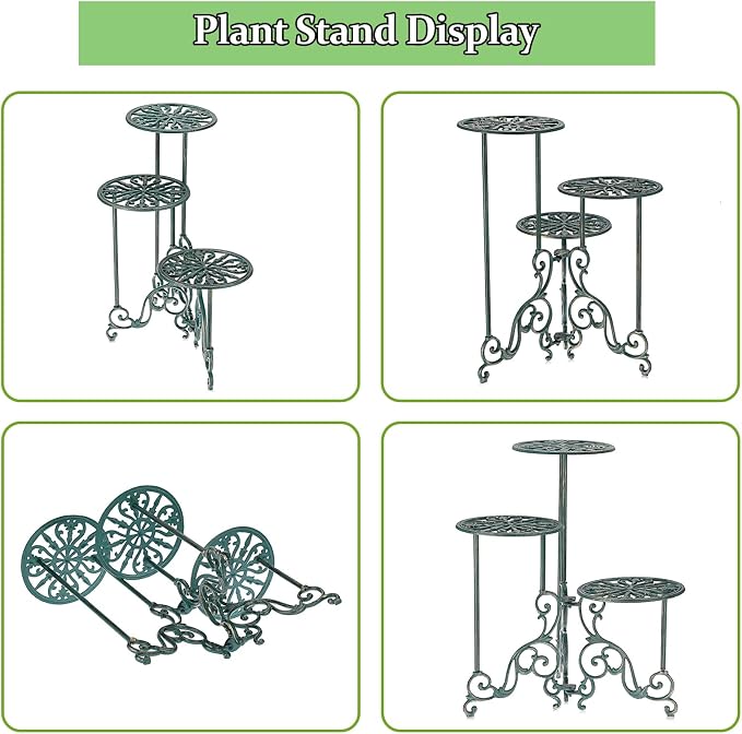 OwnMy 3 Tier Heavy Duty Cast Iron Plant Stand Foldable Wrought Iron Flower Pot Holder, Indoor Outdoor Tall Plant Stand Shelf for Garden Patio, Decorative Round Metal Plant Display Rack, Antique Green