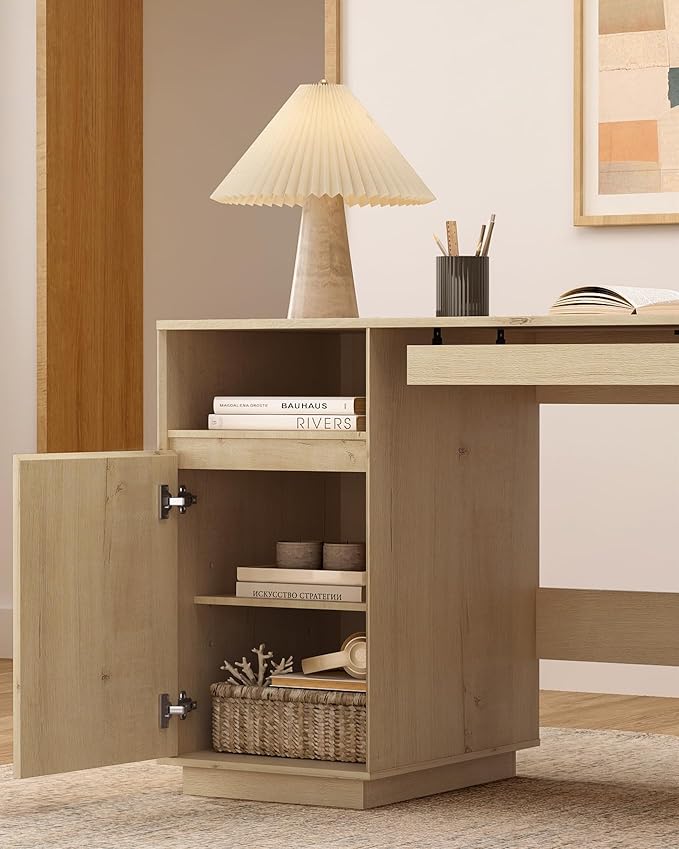 Farmhouse Executive Desk with File Drawer 59" Large Computer Desk Home Office Desk with Charging Station, Keyboard Tray, Storage Cabinet Modern Workspace for Study, Writing, Light Oak