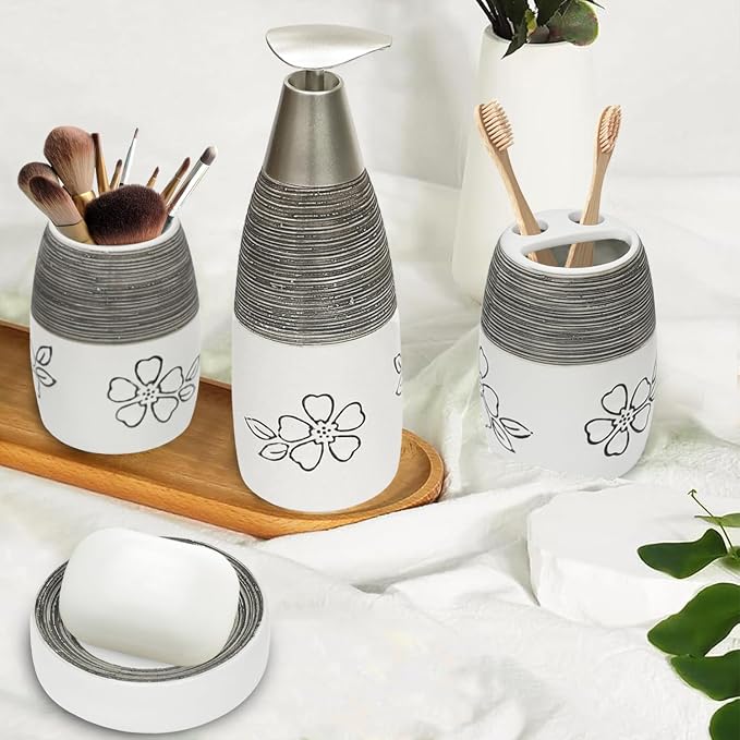CERBIOR Bathroom Accessories Set,4 Pcs Ceramic Bathroom Decor Accessory,Includes Toothbrush Holder, Toothbrush Cup, Soap Dish for Decorative Countertop and Housewarming Gift, (White Flower)