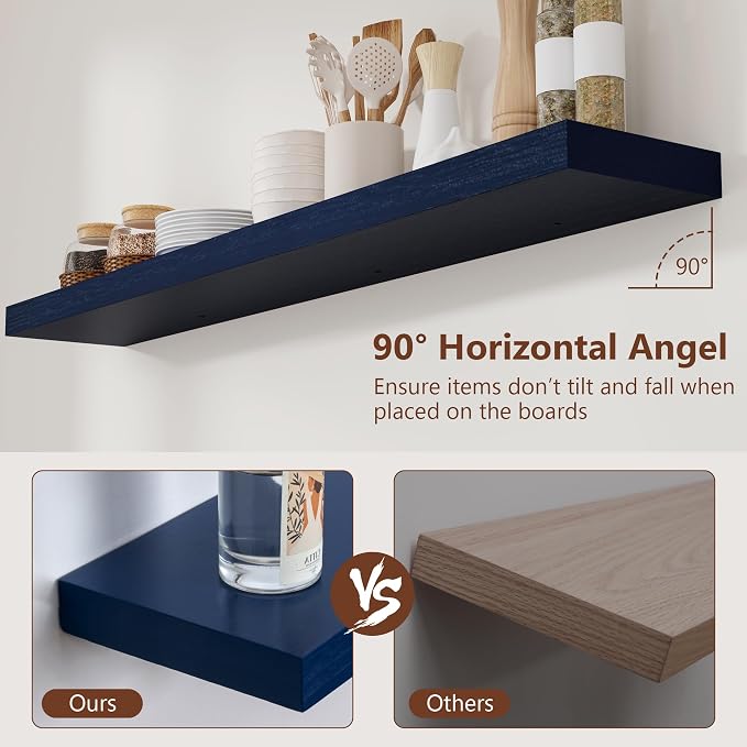 fuqing Dark Blue Floating Shelves 48 Inch, Solid Wooden Wall Shelves Set of 2, Rustic Floating Wall Shelves for Decor & Storage for Living Room Bedroom Bathroom