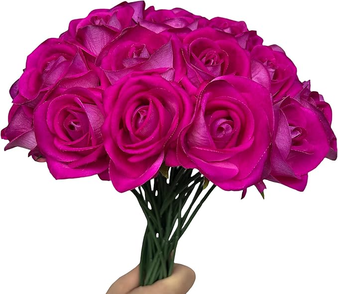 FagusHome 30 Pcs Silk Rose Artificial Flowers Roses Bulk Bouquet Fake Flowers Rose Heads with Stems for Home Wedding Decor (Purple)