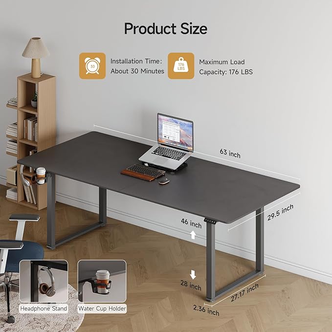 ONBRILL Standing Desk, 63x30 Inches Rectangle Stand Up Desk with 4 Legs, Dual Motor and Memory Controller, Adjustable Height from 28-46 Inches for Home and Computer Workstation, Black