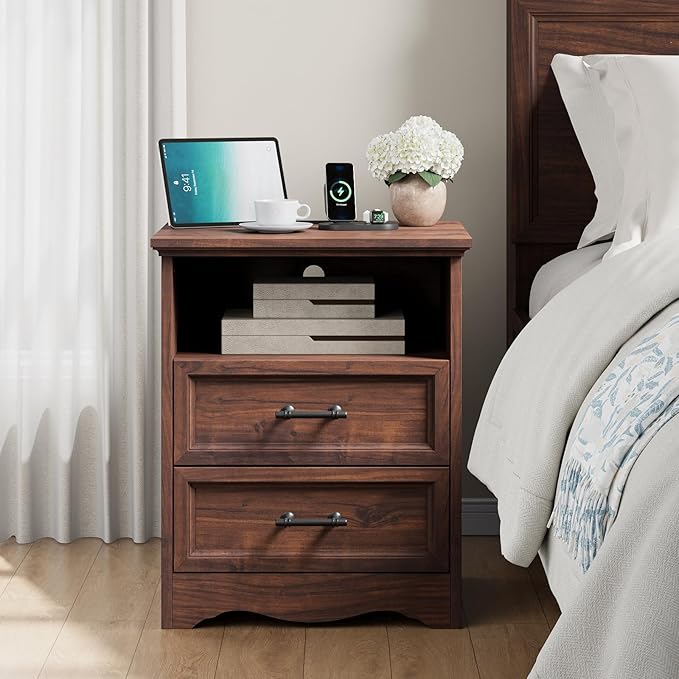 Walnut Nightstand with Charging Station, Farmhouse End Table with 2 Drawers Storage, Wooden Night Stand, Bedside Table with Open Shelf, Bedside Cabinet for Bedroom, Living Room