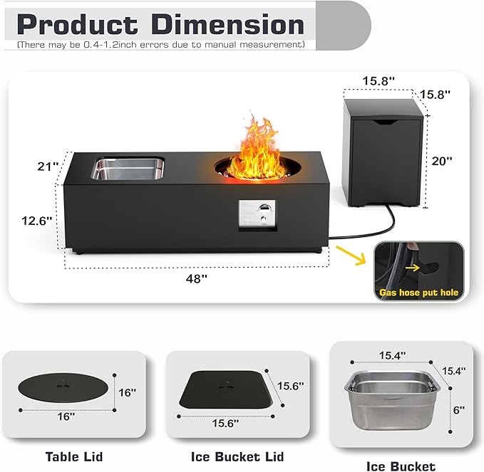 2-Piece 48" Rectangular Propane Fire Pit for Outside Patio with Hidden Tank Table & Ice Bucket, 50,000 BTU Fireplaces with Lid, Glass Rocks, Cover(Black w/Ice Bucket)