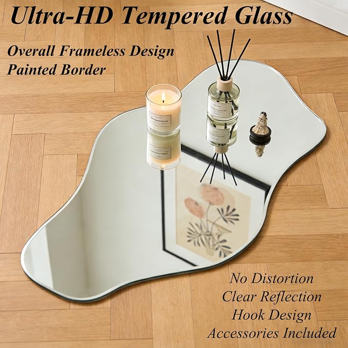 Irregular Frameless Mirror, 35.8"x17.7" Silver Asymmetrical Tempered Glass Mirror, Organic Shaped Wall Mirrors for Entryway Bedroom Living Room Bathroom, Horizontal or Vertical Hanging