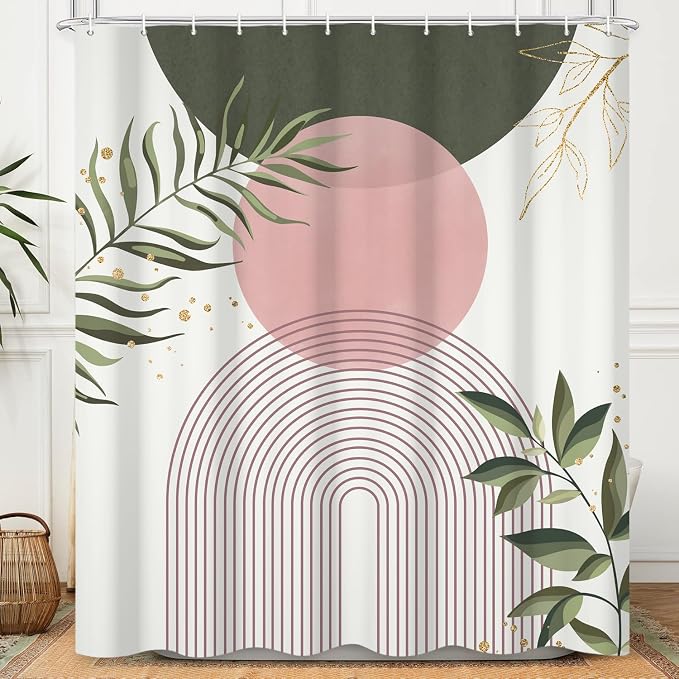 Boho Mid Century Shower Curtain, Pink Modern Minimalist Abstract Geometric Sage Green Gold Plant Leaves Bathroom Curtains Washable Waterproof Fabric Buthtub Curtain Set with Hooks 60" Wx72 L