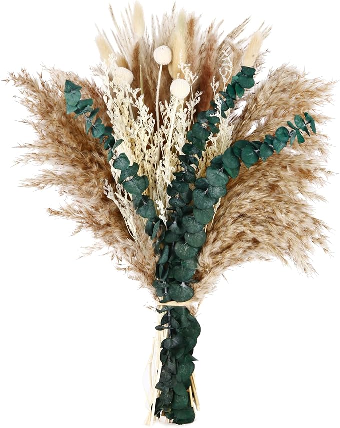 Musunny Dried Pampas Grass Decor ,17" Dried Flowers for Vase, Boho Dried Flower Bouquet with Eucalyptus for Farmhouse Home Room Office Décor