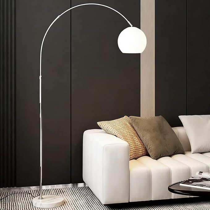 MIXL-Milk Glass Shade Arc Floor Lamp,Marble Base Arch Lamp,Chrome Flexible Rod Standing Light,Modern Floor Lamps for Living Room Office