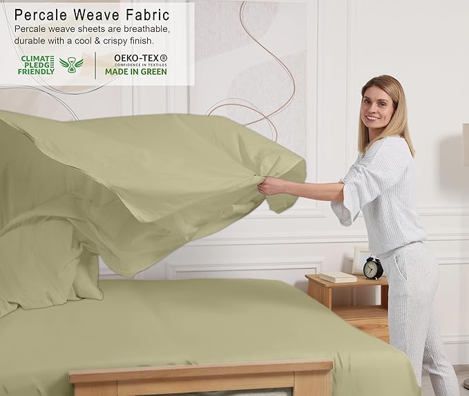 RUVANTI 100% Cotton Twin Sheets Set, 3 Pieces, Soft & Breathable Percale Weave Bedding, Deep Pocket 16", Hotel Standard, Crisp Cool Feel, Durable, Perfect Dyed Bed Sheet, Sage Green