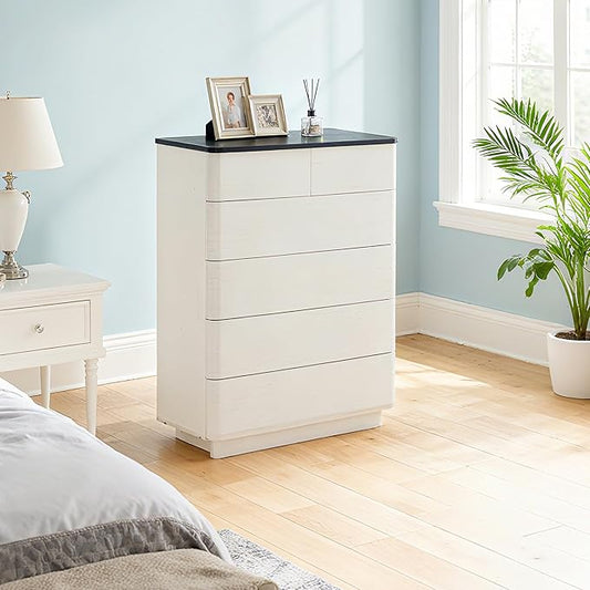 JXQTLINGMU 6 Drawer Dresser for Bedroom, 42" Tall Modern Push-to-Open Chest of Drawers, Wood Storage Organizer w/Curved Profile & Handleless Design for Bedroom, Living Room, Off White