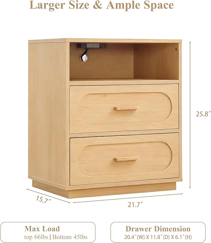Nightstand with Charging Station, Modern End Table with 2 Drawers Storage, Space-Saving Wood Storage Cabinet with Unique Base Design, Bedside Table for Bedroom, Living Room, Natural Oak