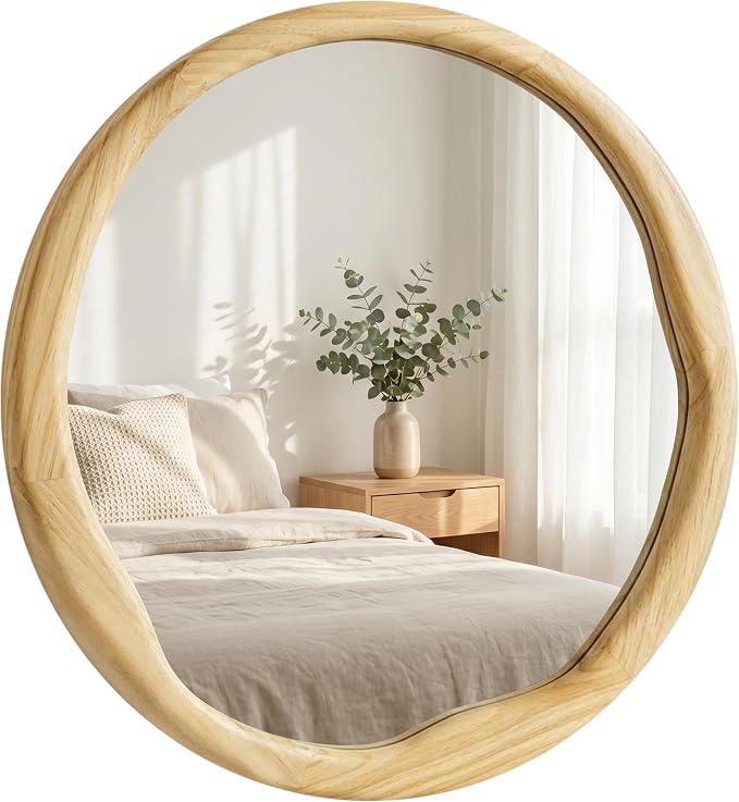 Natural Wood Round Mirror 24 Inch, Solid Wood Framed Wall Mirror with Irregular Wavy Inner Edge for Bathroom Vanity, Bedroom & Boho Decor