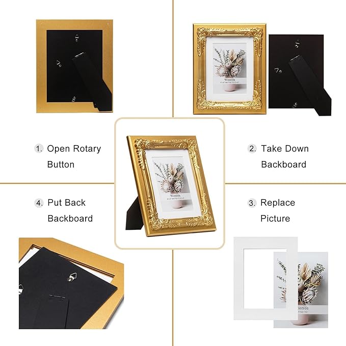6x8 Gold Picture Frame with Baroque Flower Trim, Solid Wood with Real Glass, Display 6x8 Photos Matted to 4x6, Vertical and Horizontal Desk Tabletop or Wall Hanging，Ornate Vintage Style