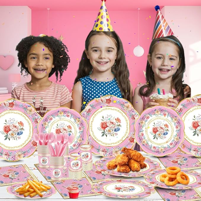 140Pcs Tea Party Decorations Tableware Set Floral Plates and Napkins for Birthday Party, Baby Showers, Bridal Showers, Wedding Bachelorette Party Supplies Floral Tea Party Plates, Serves 20 (Pink)