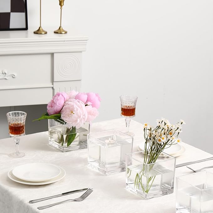 Square Glass Vases Set of 9, 5" x 5" x 5" Clear Flower Vases for Centerpieces, Square Vase for Flowers, Small Vase for Wedding, Party, Home Office Decoration