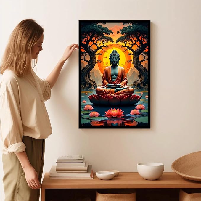 Canvas wall art Golden Buddha on lotus at sunset Ancient trees with reflections on water Serene meditation scene Uplifting wall art for mindfulness and tranquil home decor 24x36in Metal blackFramed
