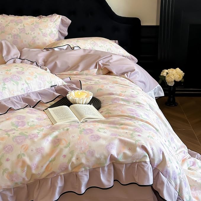 HighBuy Floral Ruffle Duvet Cover Queen Vintage Purple Floral Lace Ruffle Coquette Bedding Set Brushed Cotton Soft Breathable Durable Farmhouse Bedding Set with 4 Corner Ties,Queen