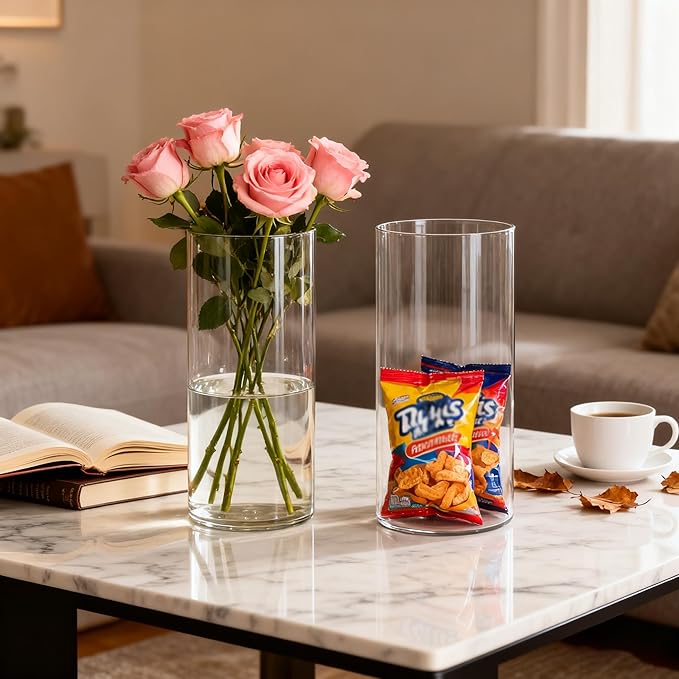 2 Pack Acrylic Cylinder Vases, Non-breakable Vase for Centerpieces, 8 inch Tall Clear Flower Vase Bulk Floating Candle Holder for Wedding Table Home Decor and Party