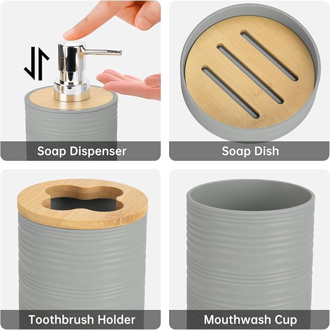 4 Pieces Bamboo Bathroom Accessories Set, Bathroom Accessory Set with Soap Dispenser and Toothbrush Holder, Soap Dish and Toothbrush Cup, Boho Bathroom Decor(Grey)
