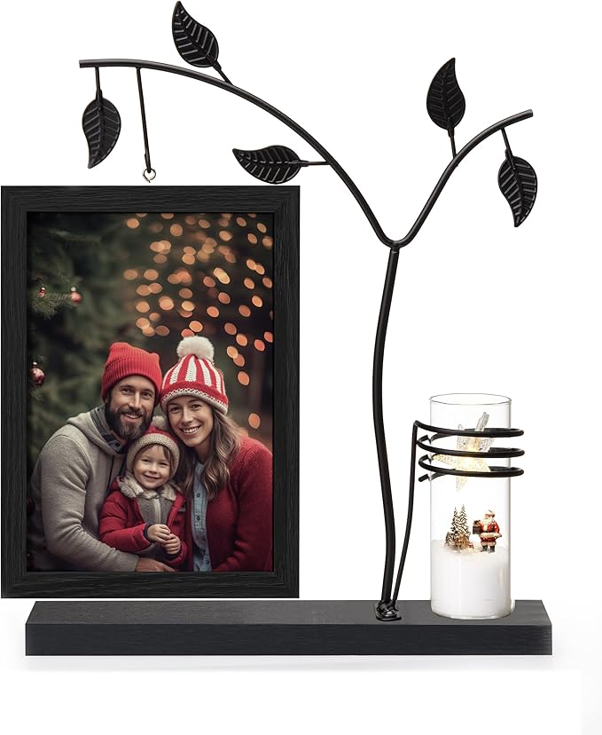 Afuly 5x7 Picture Frame Black Family Picture Frames with Metal Tree Stand Glass Vase Modern Desk Photo Frame for Double Sided Glass Display Wedding Birthday Gifts for Women Couple Mom