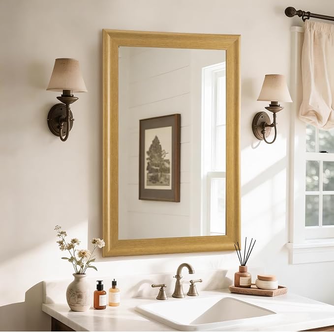 CULER Natural Wall Mirror for Bathroom,Rectangle 24 x 36 inch Hanging Vanity Mirrors with Wood Grain Frame for Living Room,Bedroom,Entryway