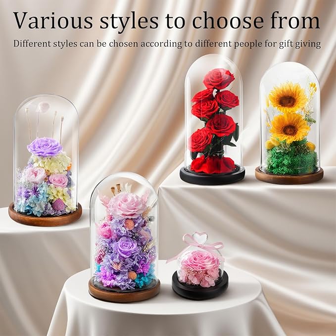 Flowers for Delivery - Forever Flowers Rose in Glass Dome with LED Lights, Large Size Preserved Roses Gifts for Women, Mom, Wife, Friend -Birthday, Anniversary, Valentine's Day Gift (Pink + Purple)