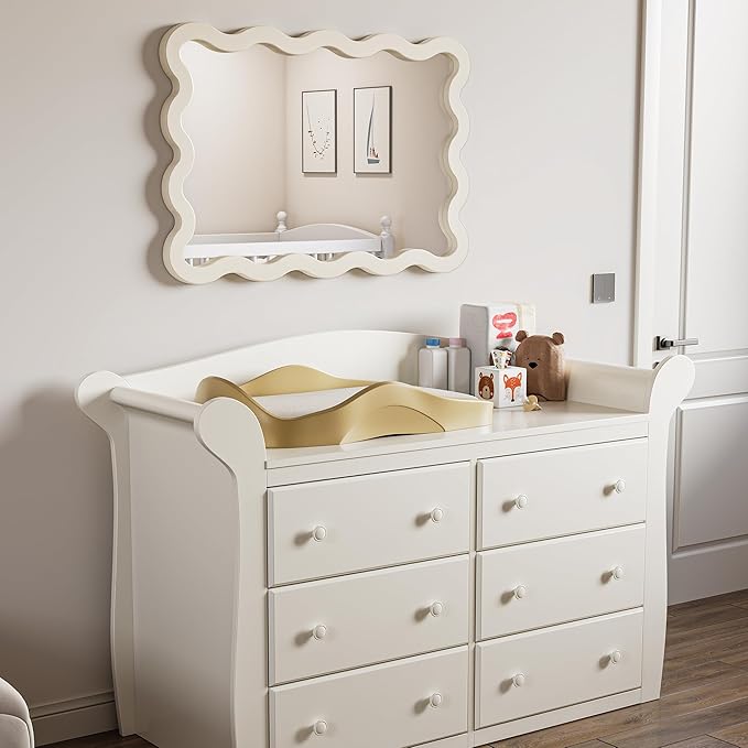 22"x30" White Wavy Wall Mirror for Vanity, Cream Solid Wood Irregular Mirror for Bedroom, Cute Squiggle Mirror for Aesthetic Decor, Small Asymmetrical Curvy Frame