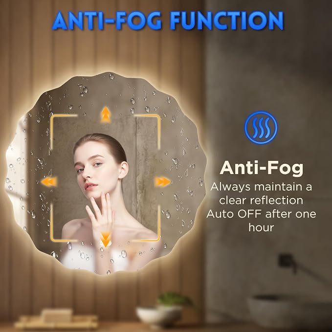 Round Led Bathroom Mirror- 32" Wavy Vanity Mirror with Lights IP54 Enhanced Anti-Fog,Single Piece 3 Colors Dimmable, Memory,Tempered Glass,UL Listed