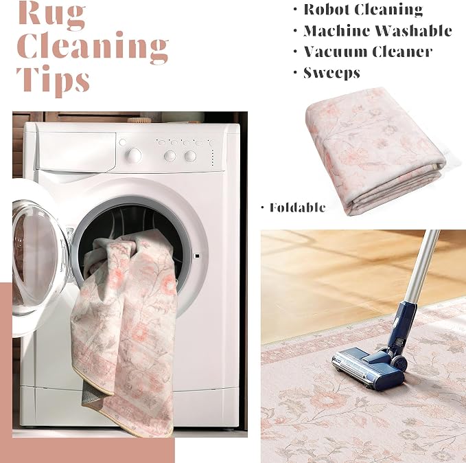 MUJOO 3x5 Rug Washable,Pink Floral Area Rugs for Bedroom Bedside Entryway Living Room Kitchen,Boho Small Indoor Floor Rug Non Slip Throw Carpet Low Pile Vintage