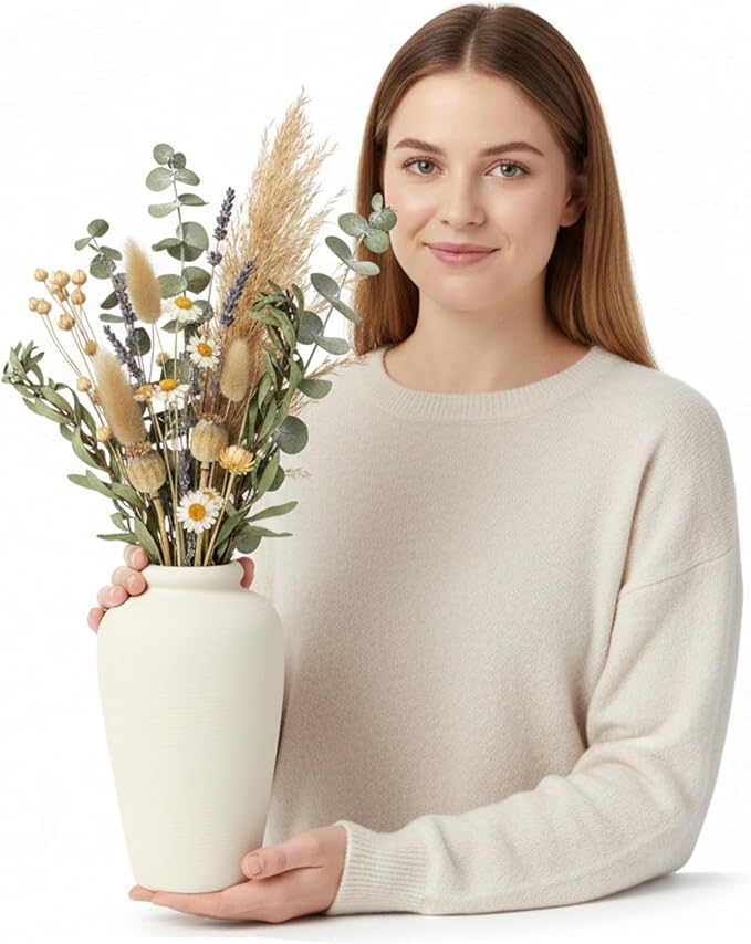 Ceramic Flower Vase,11 Inch Tall Modern Rustic Farmhouse Vases Home Decor,Handmade Pottery Vase Decorations for Living Room,Large Terracotta Floral Vases for Bedroom Table Fireplace Kitchen-White