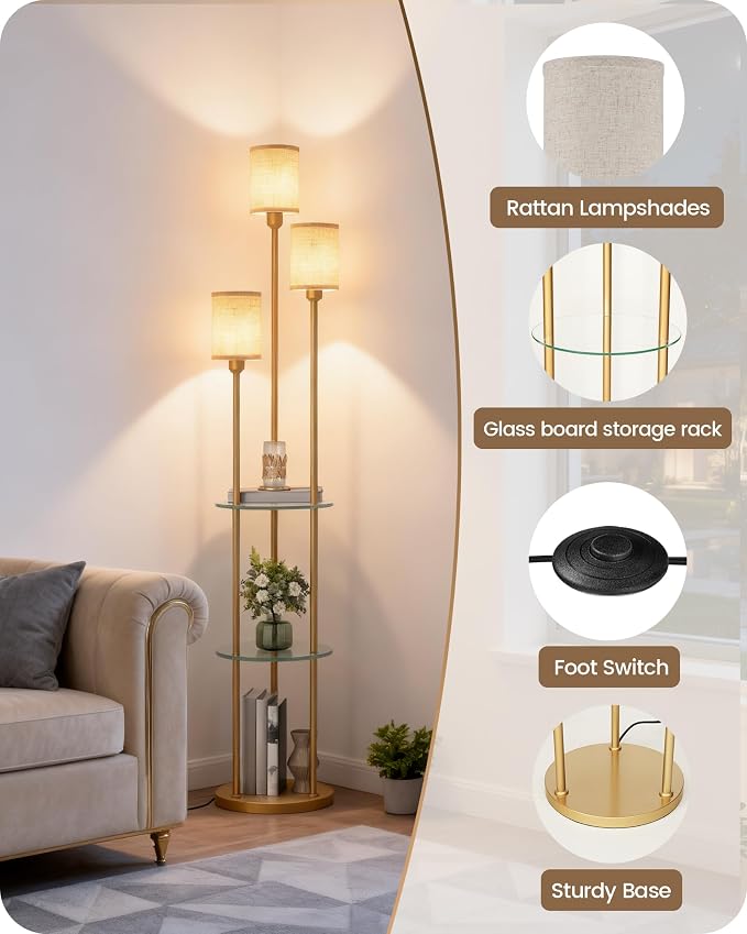 Floor Lamp with Shelves, Modern Floor Lamp with 3 Linen Shades and Foot Switch, 3-Light Standing Lamp, for Living Room, Bedroom, Study, Office, Gold and Beige ED53LD05