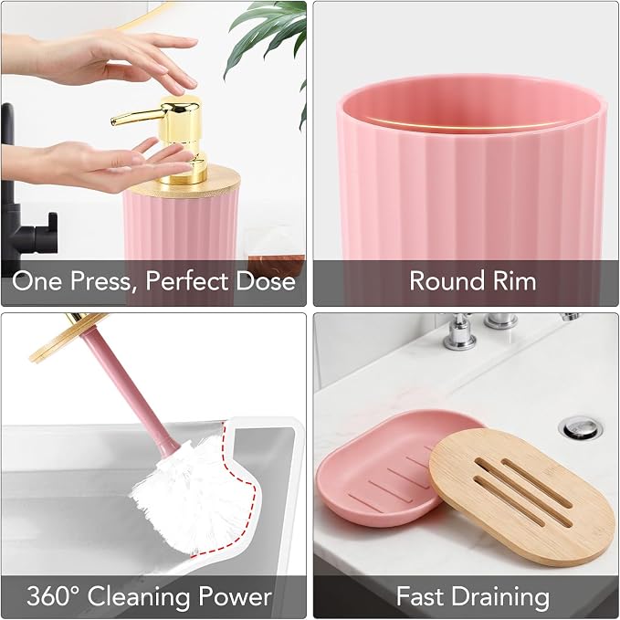 Bathroom Accessory Set, 10 Pieces Bath Set- Wicker Trash Can Tissue Box Soap Dish Toothbrush Holder Rinse Cup Lotion Bottle Toilet Brush Qtip Holder - Practical Bathroom Decor Sets (Pink, Bath Set)