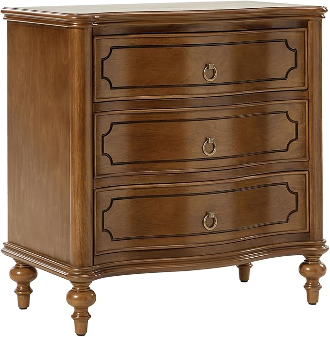 HULALA HOME Traditional Side Table with 3 Drawers, Tall Side Table with Curved Front Profle Desgin, Charging Station, Solid Wood Legs, SEADRIFT
