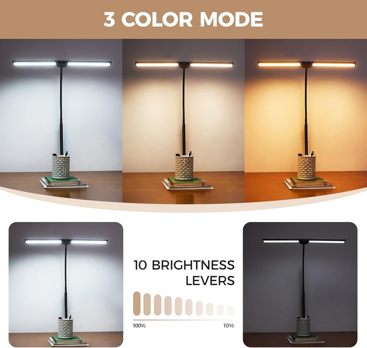 Voncerus LED Desk Lamp - Adjustable Double Head Architect Light with 3 Modes & 10 Brightness Levels | Black