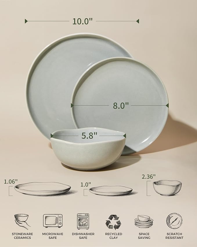 Pokini Ceramic Plates and Bowls Set, Everyday Dinnerware Set for 4, Wavy Rim Kitchen Dish Set, Chip Resistant Dishware Sets, Dishwasher Safe Dinner Set, Designed for Simple Meals, Gray Green