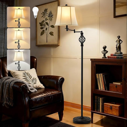 GyroVu Color Temperature Adjustable Floor lamp, Traditional 350° Adjustable Swing Arm Floor Lamp Vintage Pole lamp Farmhouse Lamp for Living Rooms & Offices, Rustic Standing Lamp for Bedroom Reading
