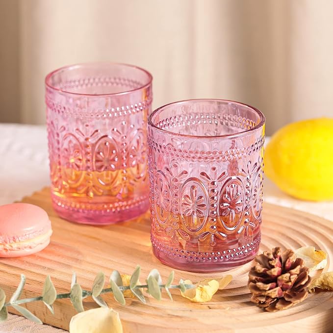 Darlion 6 Pack Pink Vintage Glassware Set, 10oz Romantic Drinking Glasses, Colored Water Glasses, Pink Embossed Glass Cups for Juice, Cocktails, Beer, Iced Tea, Soda
