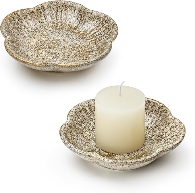 Koythin Ceramic Candlestick Holder for Pillar Candles, Floral Shape Candle Stand & Dish Bowl for Candlesticks, Incense, Decorative Ceramic Plate Tray for Table Centerpiece and Home Decor (Khaki)