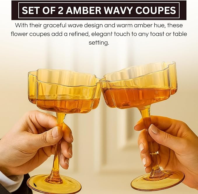 Flower Scalloped Vintage Wavy Petals Wave Glass Coupes 7oz Colorful Martini, Champagne & Cocktails, 2 Set Amber Rippled Champagne Glasses, Elegant Bar Glassware, Unique Aesthetic Coupe Glassware Gifts