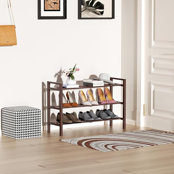 Haddockway Bamboo Shoe Rack for Closet, Free Standing Shoe Organizer with Smooth Round Rods & Convenient Handles, Stackable Shoe Storage Shelf for Entryway, Hallway(Brown, 3-Tier)