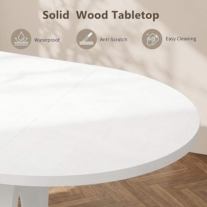 Einhomn 43-59" Extendable Round Dining Table, Kitchen Table for 4-8, Farmhouse Circle Dining Room Table with Removable Leaves, Hidden Storage, Space Saving Wood Kitchen & Dining Room Furniture, White