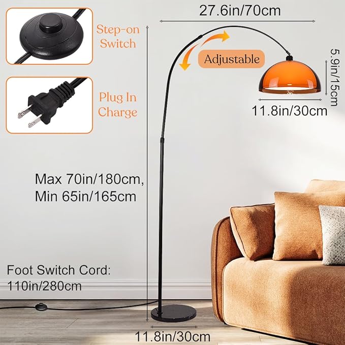 Arc Floor Lamp for Living Rooms Orange Mushroom Two-Layered 70" Modern Floor Lamp with Marble Base Arch Standing Lamp for Living Rooms, Home Offices, Dining Rooms, Bedrooms,Acrylic Lampshade