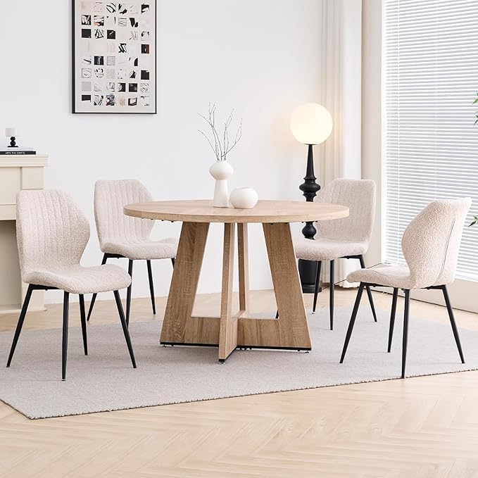 47" Round Dining Table Set for 4 with Chairs Kitchen Table and Chairs Set Mid-Century Modern Chair with Metal Leg for Apartment Living Room(Natural Table with 4 Beige Chairs)