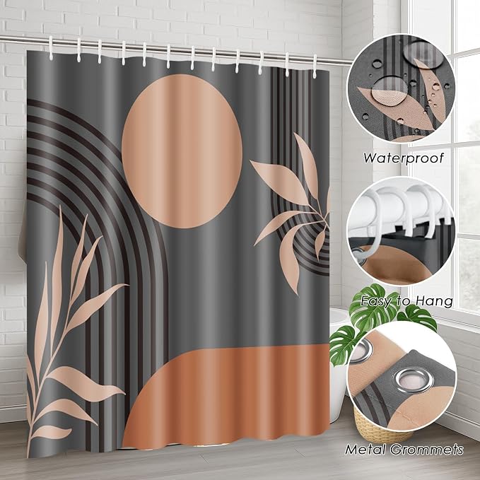 Boho Mid Century Shower Curtain Set with Toilet Lid Cover and Non-Slip Rugs, Abstract Grey Background 4 Pcs Modern Minimalist Vintage Gray Shower Curtain for Bathroom Set with 12 Hooks