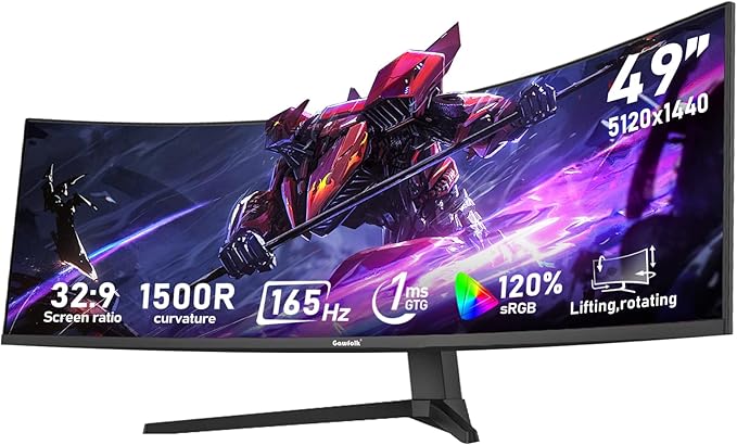 Gawfolk 49 inch Ultra-Wide Curved 1500R Gaming Computer Monitor, DQHD(5120×1440), 165Hz, 1MS, FreeSync, 120% sRGB, Height Adjustable PC Screen, HDMI2.1 & DP1.4, Compatible Wall Mount 75 * 75mm- Black