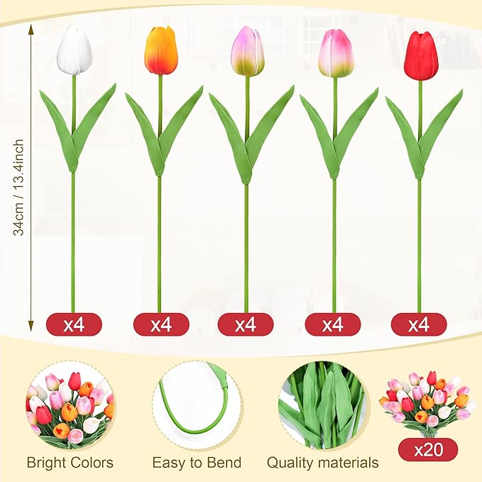 20pcs Tulips Artificial Flowers for Real Touch Fake Tulips Slik Faux Flowers for Summer Wedding Bouquet Mother's Day Decor (5 Color 14 Inches)