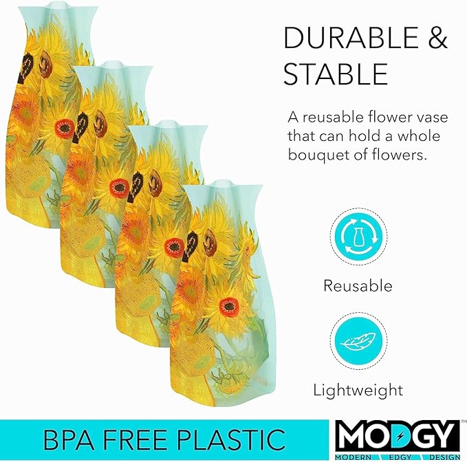 MODGY Expandable Flower Vase, Plastic Decorative Modern Foldable Printed Vases for Centerpieces for Wedding, Dining Table, Home Decor, Living Room, Bathroom, Office, Sunflowers, 4 Pack