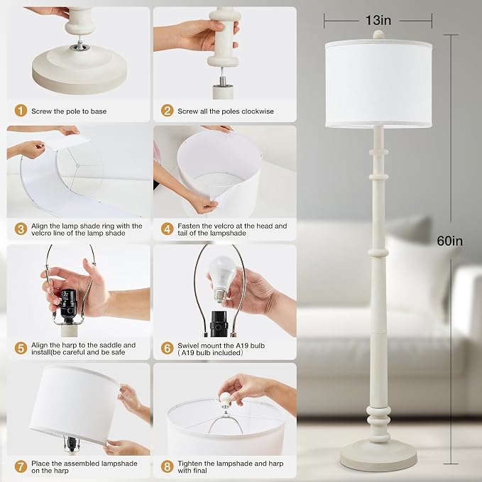 Floor Lamps for Living Room - 60" Resin Farmhouse Floor Lamp with Adjustable Color Temperatures - Vintage Standing Lamp Reading Light with Linen Shade Retro Tall Lamp for Bedroom Office, Almond White