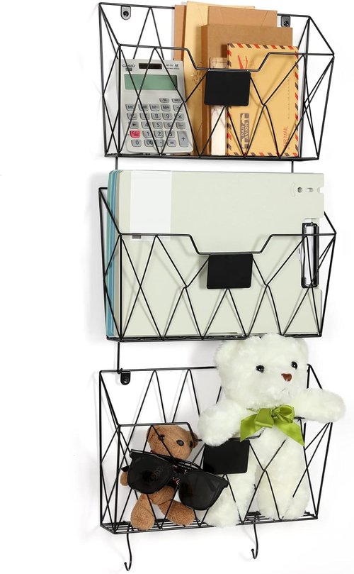 OYEAL Wall File Organizer - Metal 3-Pocket Mail Holder with Hooks for Home or Office - Black